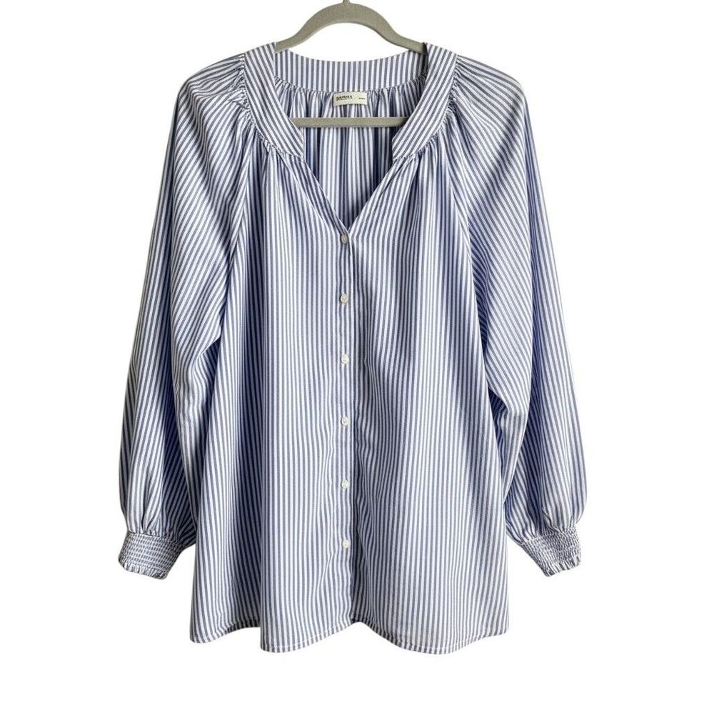 Sonoma 2X Plus Blue Striped Button Blouse Smocked Cuff Cotton Modal Coastal Prep